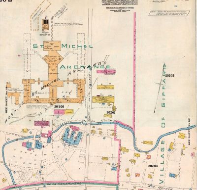 Plan du secteur de l'Hôpital Saint-Michel-Archange en 1942. Ce document permet de visualiser l'emplacement de l'hôpital avant et après l'incendie de 1939 (Insuance plan of city of Quebec and vicinity vol. II, III and IV, Underwriters' Survey Bureau, 1942, BAnQ, Plans de villes et villages du Qc, sans cote).